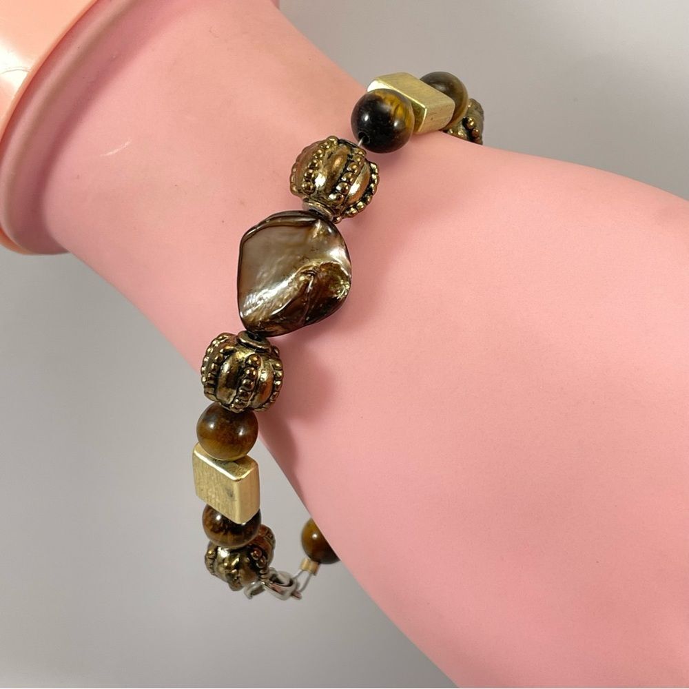 Tigers Eye Mother of Pearl Gold Tone Beaded Bracelet Statement Elegant Statement